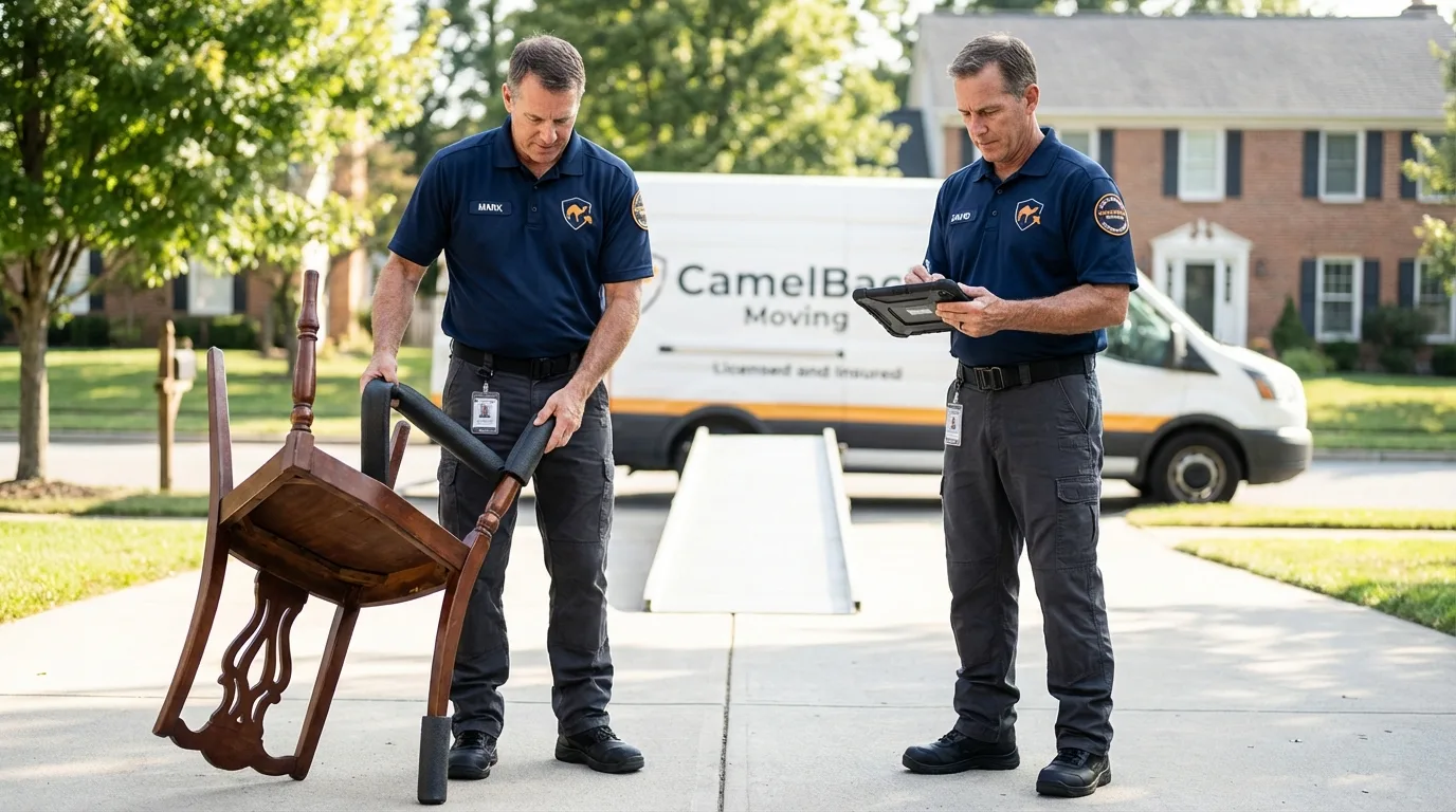 Movers inspecting furniture for damage prevention before loading in Cornville, AZ