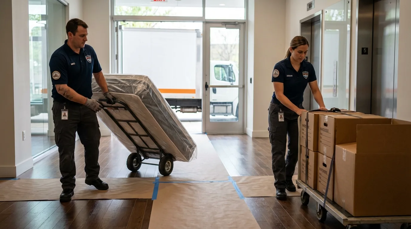 Professional apartment movers loading elevator in Cornville, AZ