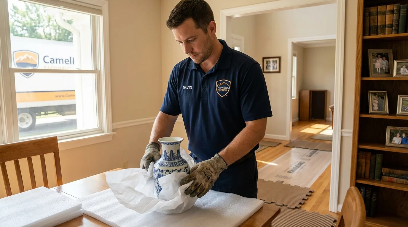 Professional crew carefully wrapping antique vase for senior downsizing move in Cornville, AZ